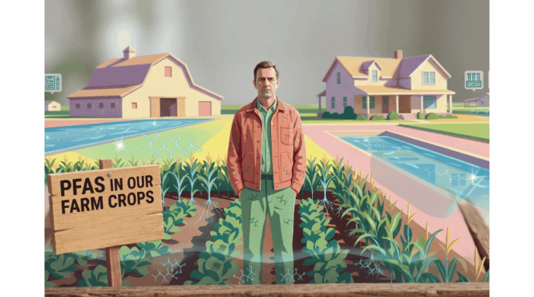 Illustration depicting PFAS contamination in farm crops near a residential area