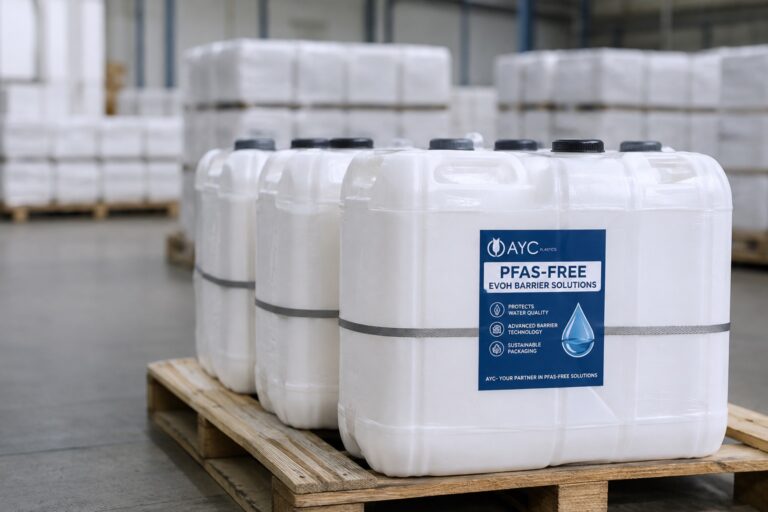 AYC Plastics PFAS-free EVOH barrier containers, wrapped and labeled on a pallet in a warehouse