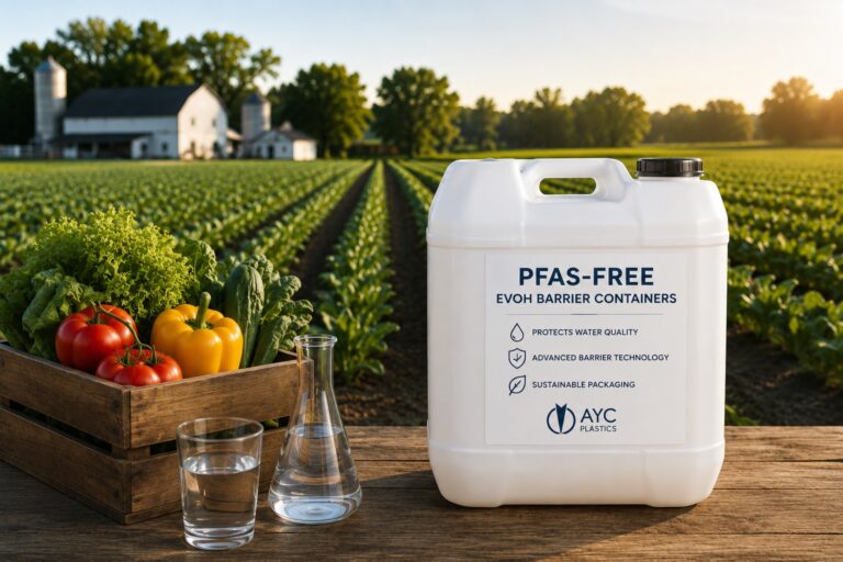 AYC Plastics PFAS-free EVOH barrier container on a farm table with fresh vegetables and water, representing farm crop safety
