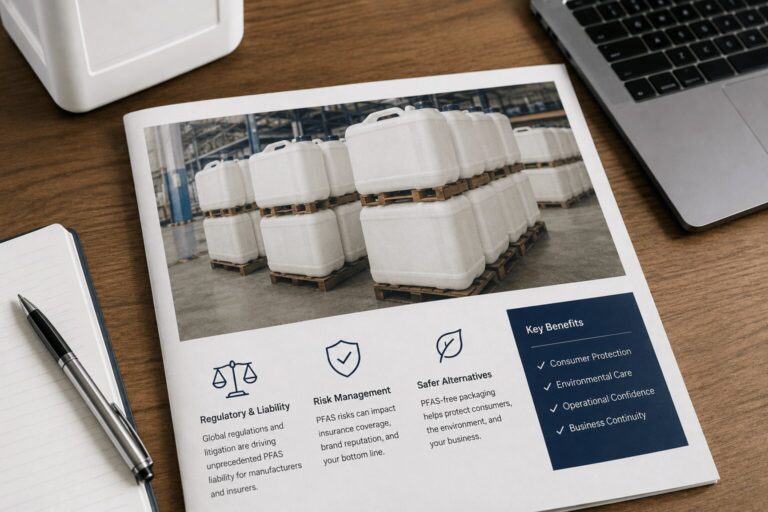 PFAS-free HDPE containers stacked on pallets, highlighting regulatory, risk management, and safer alternative benefits