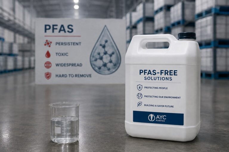 AYC Plastics PFAS-free container next to a PFAS warning poster listing persistent, toxic, widespread, and hard to remove