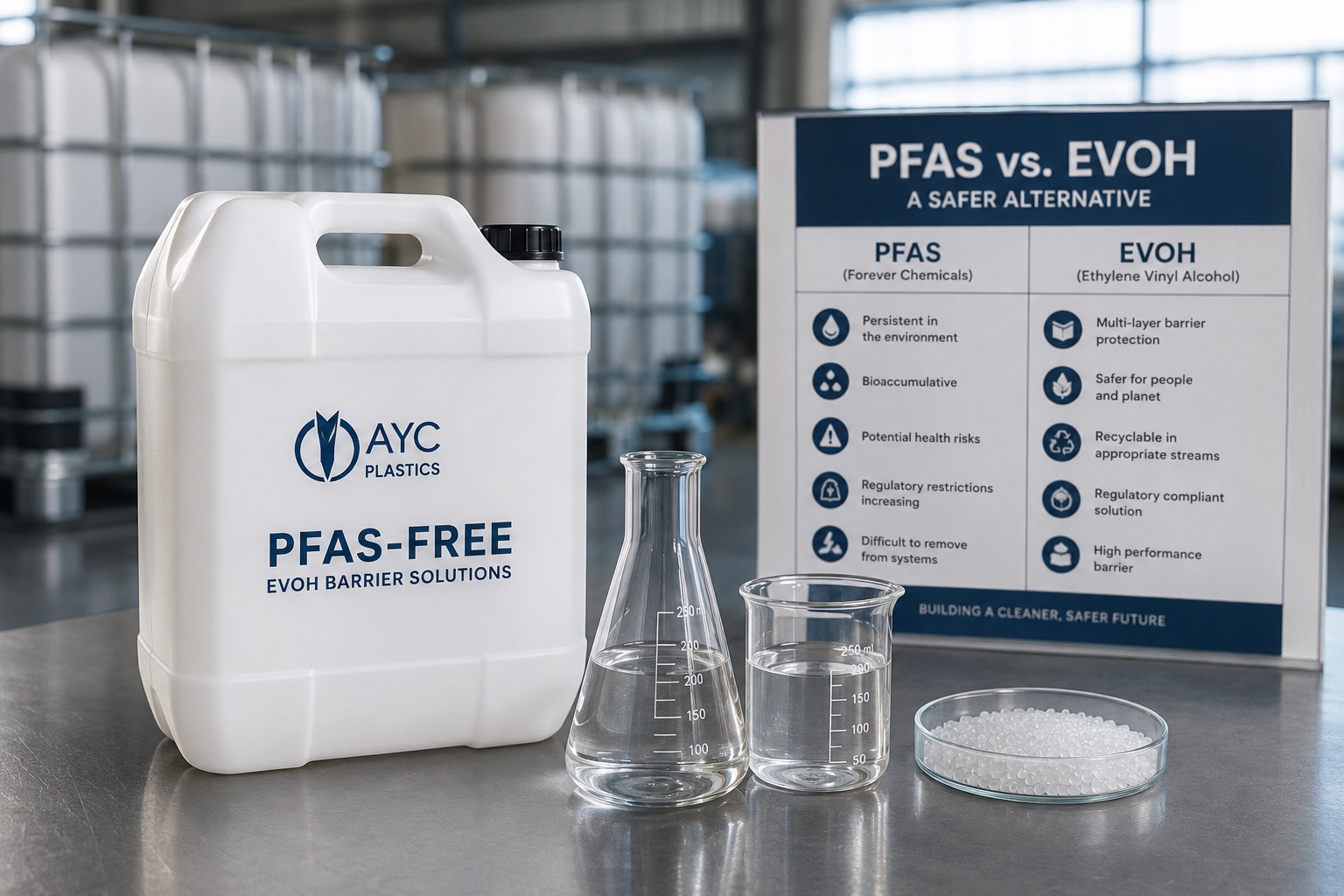 AYC Plastics PFAS-free EVOH container next to a PFAS vs EVOH comparison poster, resin pellets, and lab glassware